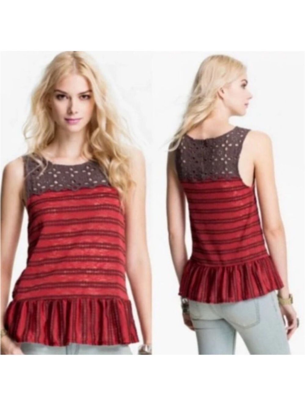 Free people chocolate and burgundy  Striped Sleeveless peplum top small